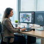 Ingenieurin arbeitet an einem 3D-Modell auf zwei Bildschirmen