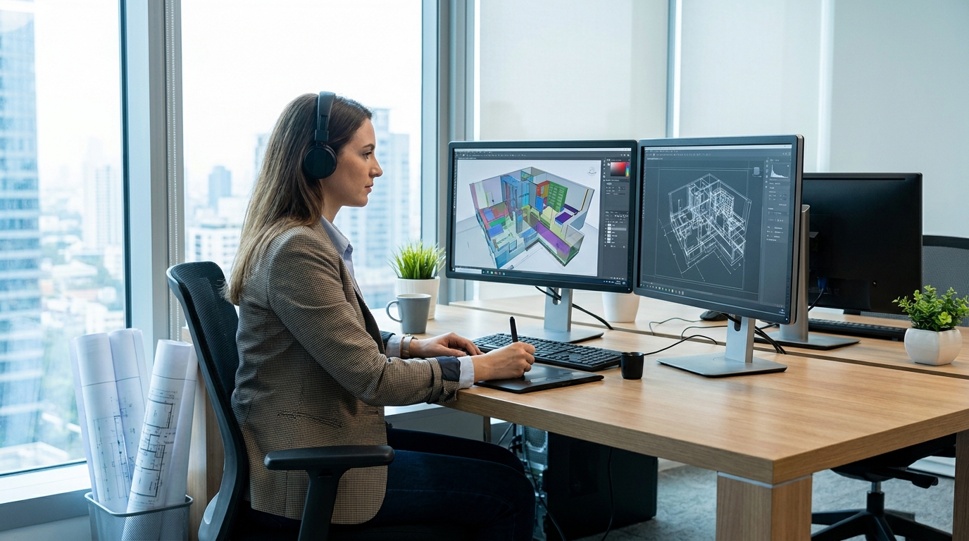 Ingenieurin arbeitet an einem 3D-Modell auf zwei Bildschirmen