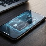 Smartphone mit digitaler Bezahlkarte auf einem Schreibtisch