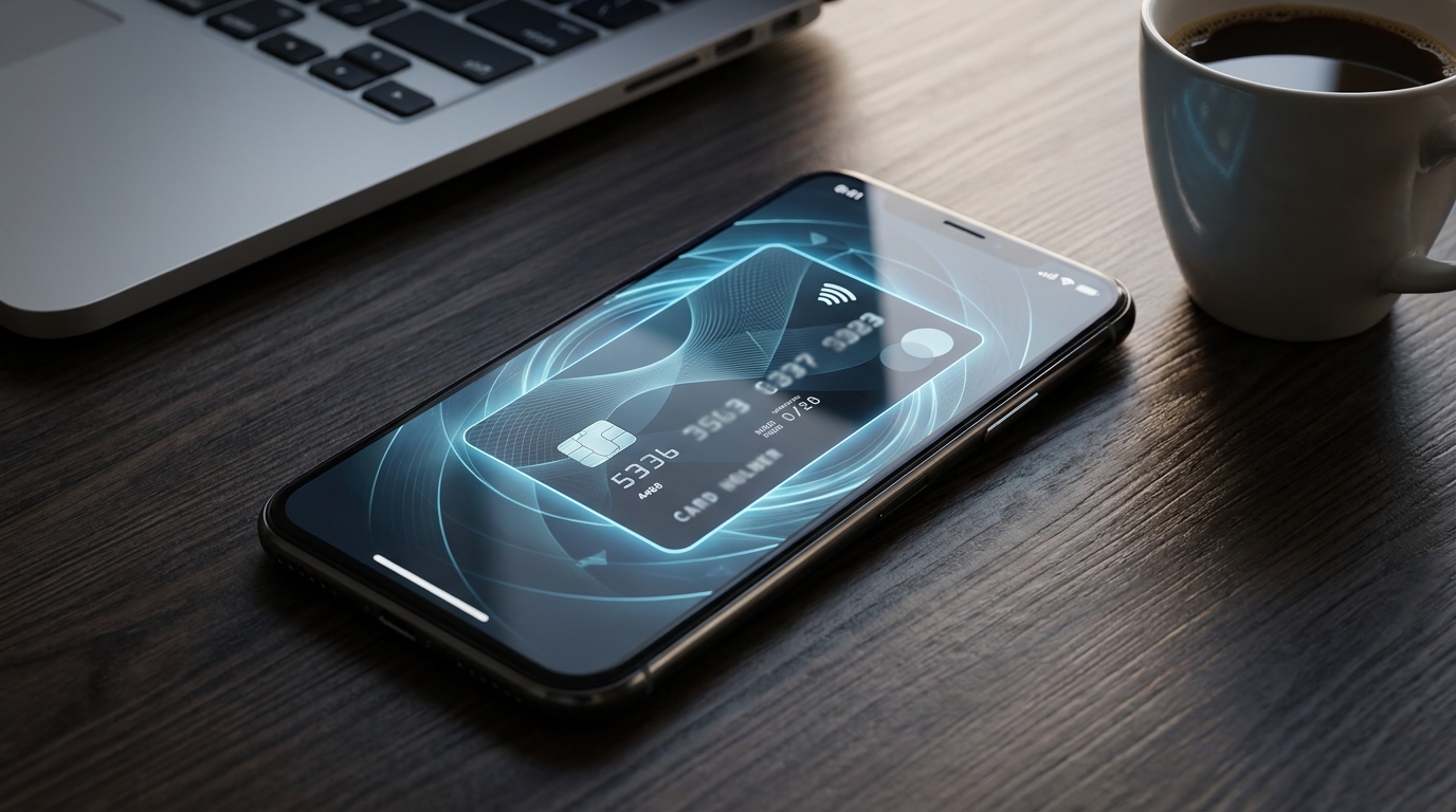 Smartphone mit digitaler Bezahlkarte auf einem Schreibtisch